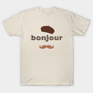 Bonjour hello French speaking phrase beret moustache T-Shirt